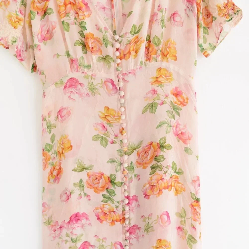 Kooples  Antique Pink Floral 100% Silk Puff Sleeve Button Down Slip Midi Dress - Picture 6 of 14